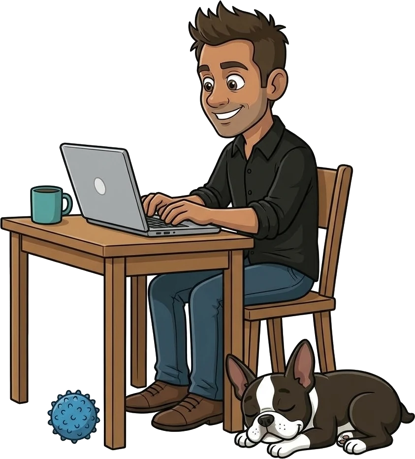 Cartoon of BJ working on a laptop at his desk, with his Boston terrier Bubba Jake asleep at his feet